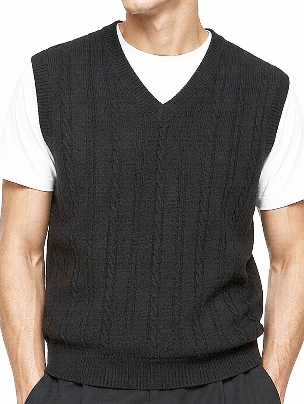Geoffrey Beene Pullover V-Neck Cable Print Front Vest Black Large